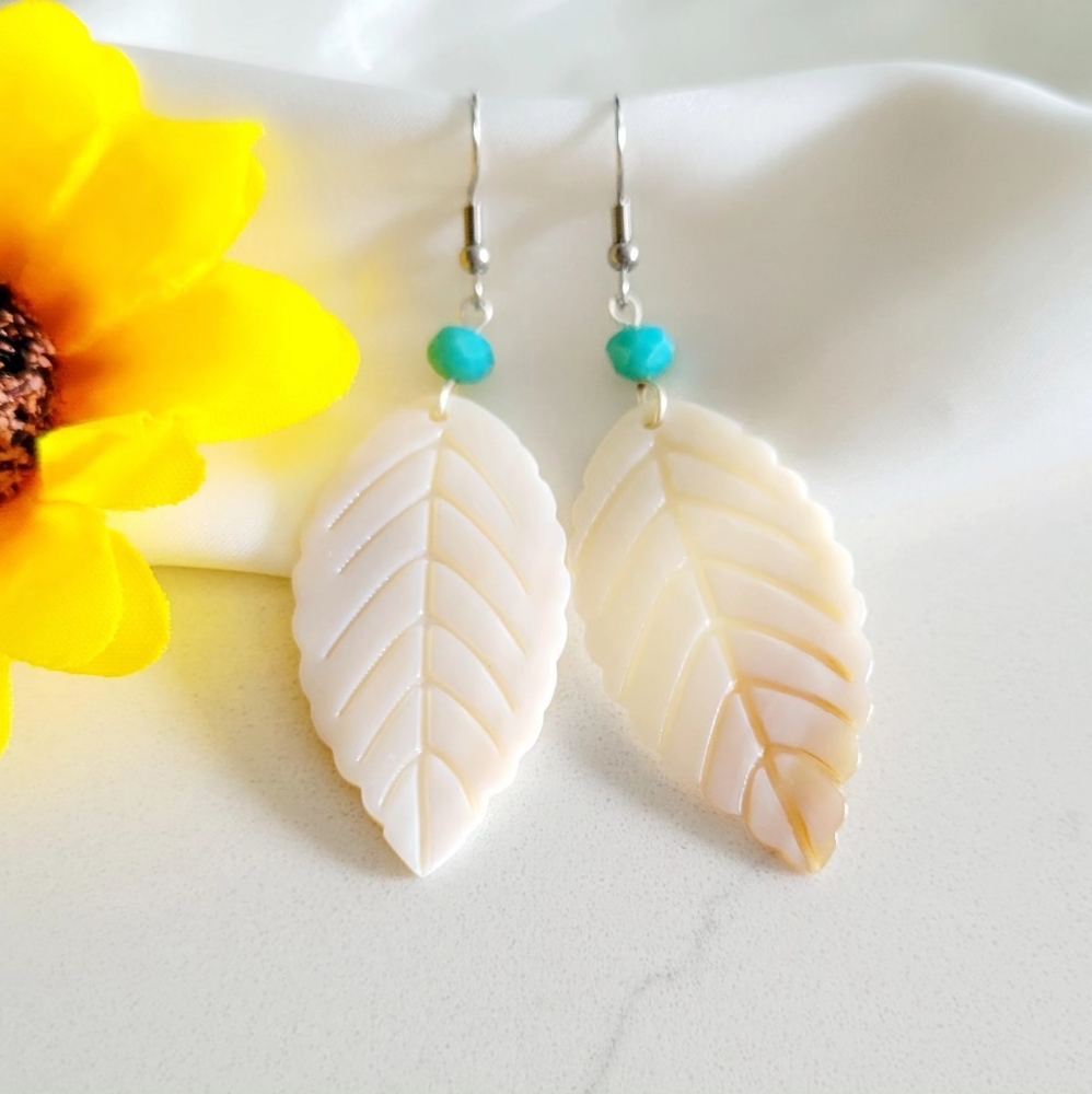 Handmade Polished Mother Of Pearl Shell Leaf Shaped Earrings